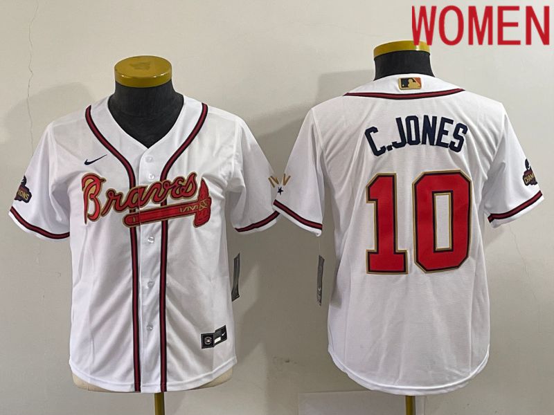 Women Atlanta Braves #10 C.Jones White Gold Game Nike 2023 MLB Jersey->youth mlb jersey->Youth Jersey